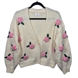 Anthropologie Luna Ivy Sweater Womens S Ivory Knit Cardigan Flowers Oversized